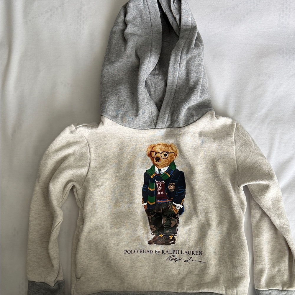 Ralph Lauren Kids Cream and Gray Bear Hoodie